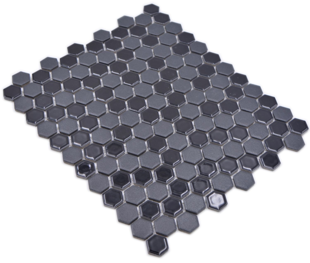 Keramikmosaik Mosaik Fliese Hexagon Schwarz Matt/Glänzend Rutschsicher R10B Fliesenspiegel - 11H-0301-R10
