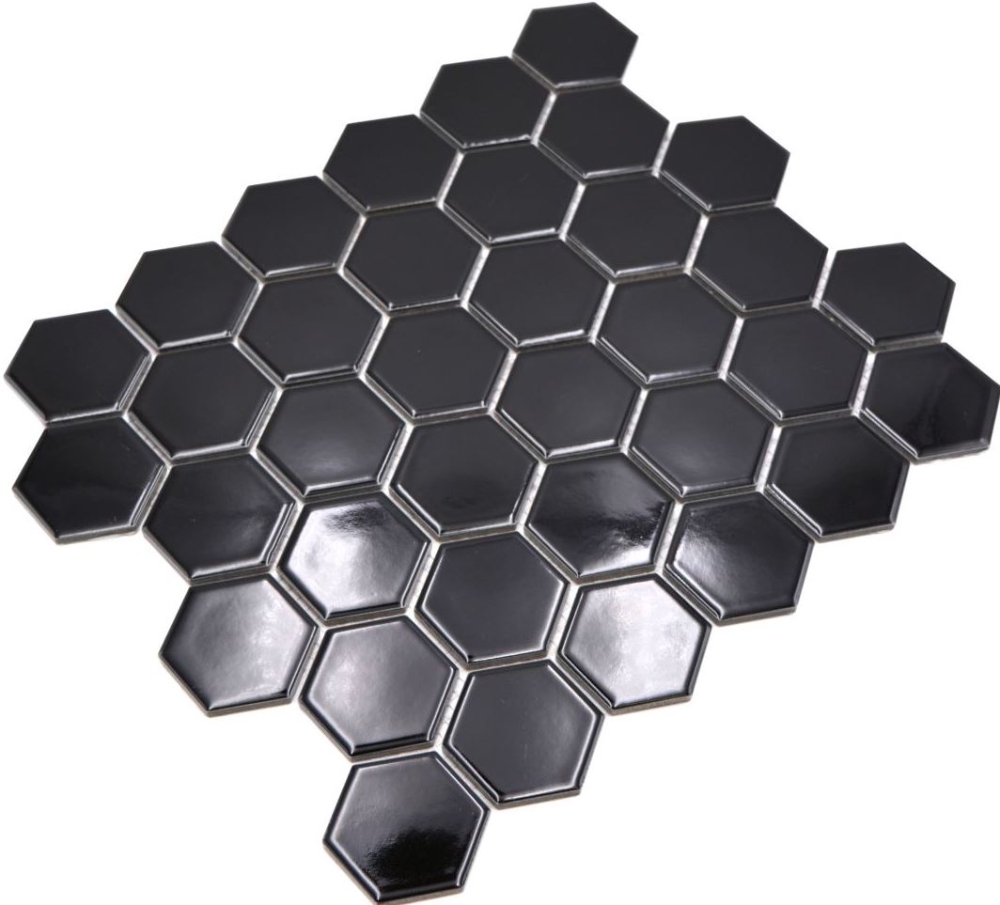 Mosaik Hexagon uni schwarz glänzend Keramik Hexagonoptik