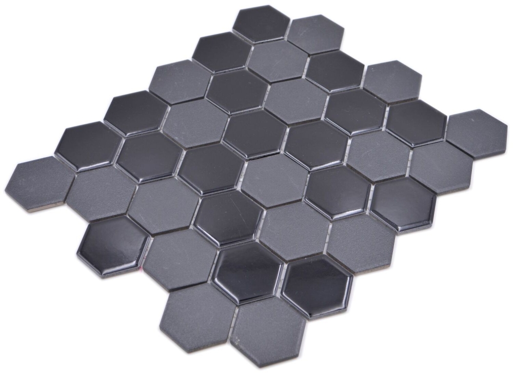 Mosaico hexagonal mezcla negro brillante R10B ceramica hexagonal aspecto mate