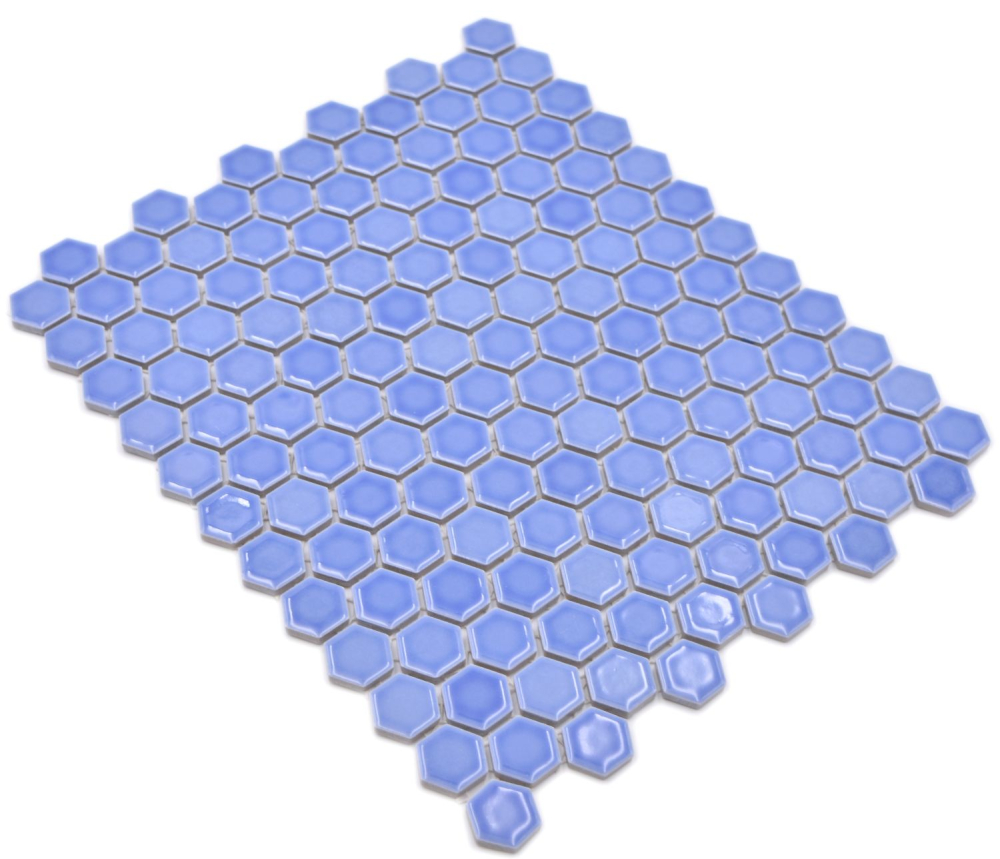Keramikmosaik Mosaik Fliese Hexagon Kornbluem Blau Glänzend Fliesenspiegel Mosaikmatte - 11H-0506