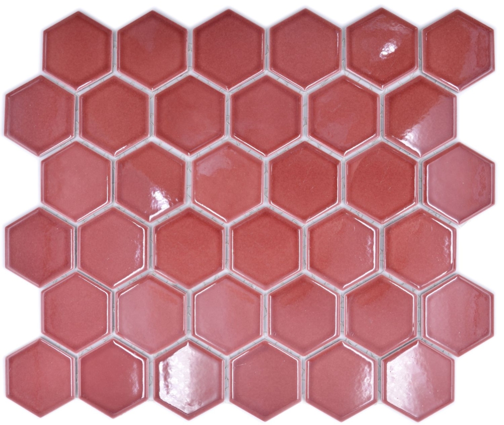 Keramikmosaik Mosaikfliese Hexagon Bordeauxrot glänzend Fliesenspiegel Küchenfliese Badfliese - 11H-0901