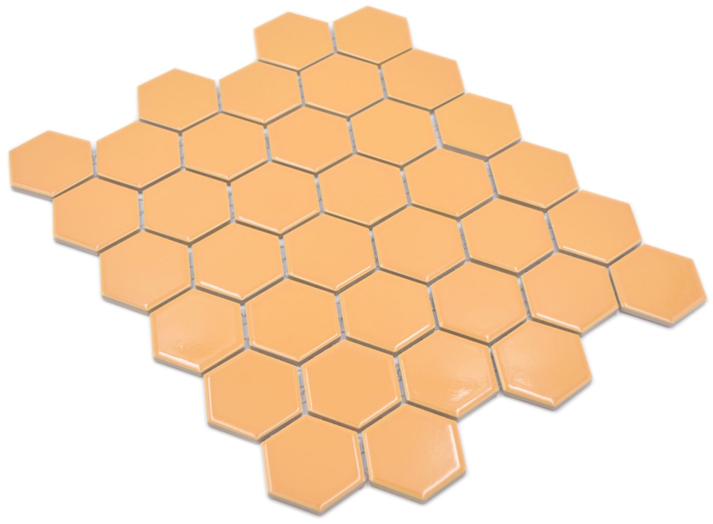 Keramikmosaik Mosaikfliese Hexagon Ockerorange glänzend Fliesenspiegel Küchenfliese Badfliese - 11H-1208