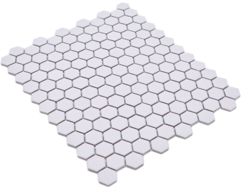 Keramikmosaik Mosaik Fliese Hexagon Weiß Matt glasiert Rutschsicher R10B Fliesenspiegel Mosaikmatte - 11H-0101-R10