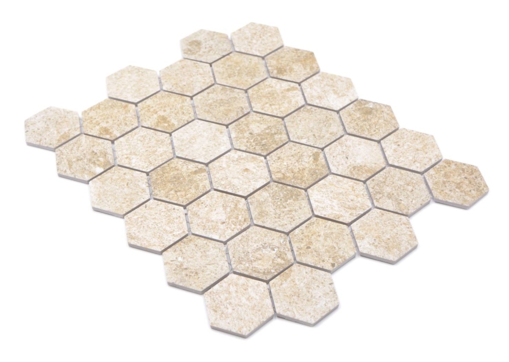 Mosaico Hexagono CURIO granito beige ceramica aspecto hexagono mate