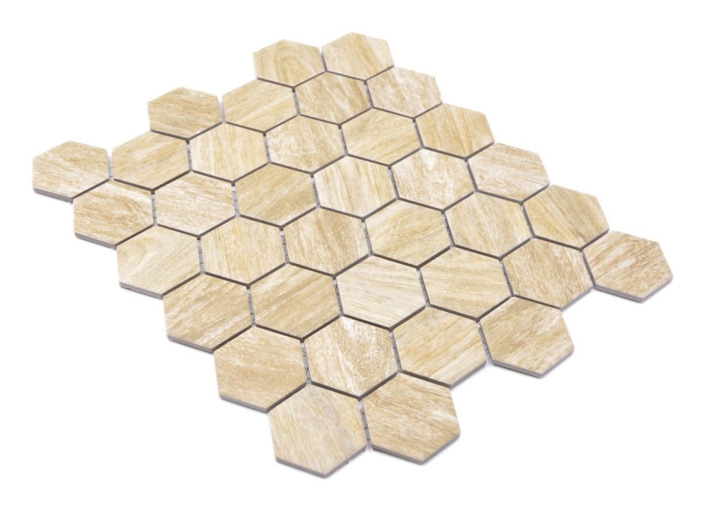 Mosaique Hexagon CURIO bois beige Ceramique aspect hexagonal mat