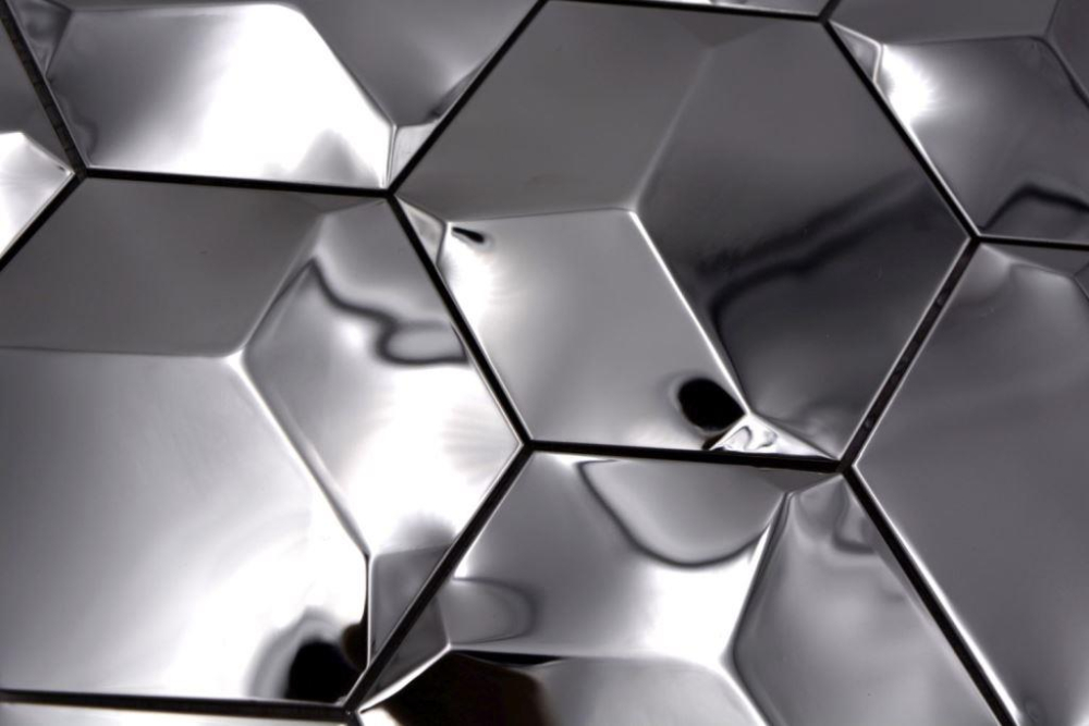 Mosaik Fliese Edelstahl Silber Hexagon 3D Glänzend Wandfliese Küchenrückwand - 129-HXM10SG