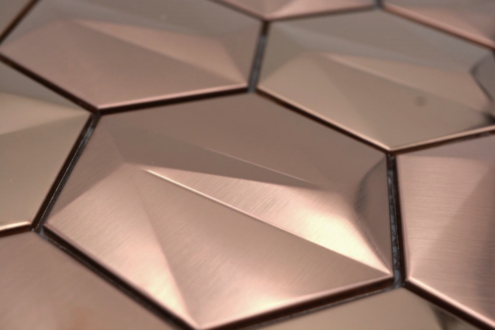 Mosaico hexagonal aspecto acero inoxidable oro rosa brillante - 10 hojas de mosaico
