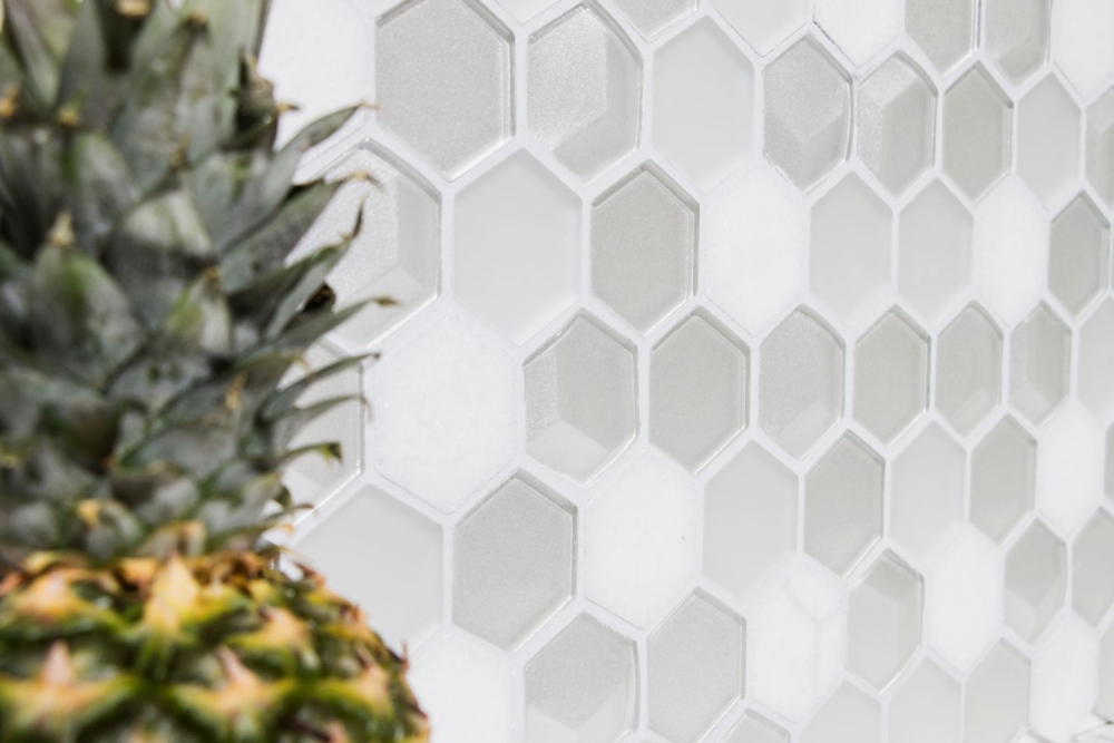 Mosaik Hexagon Glasmosaik Stein mix 3D weiß Mix Transluzent Hexagonoptik matt