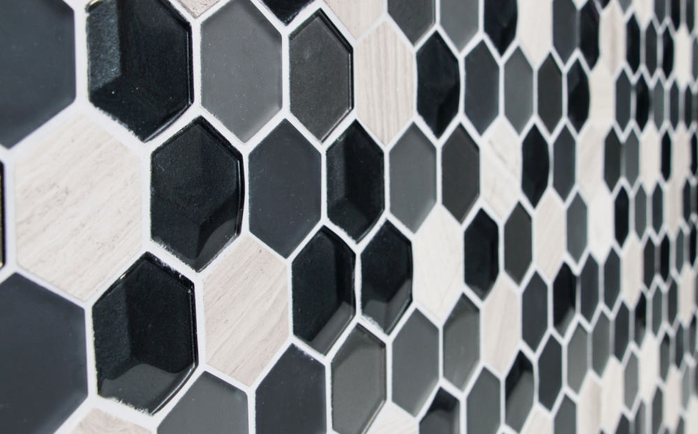 Mosaique Hexagon Mosaique de verre Pierre mix 3D gris Mix translucide aspect hexagonal mat