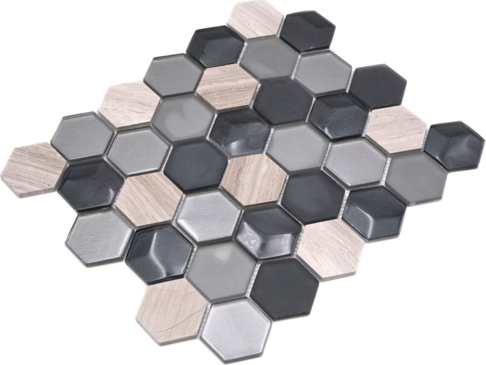 Mosaique de verre Pierre naturelle Carreau de mosaique Hexagon 3D anthracite argent boue gris - 11D-22