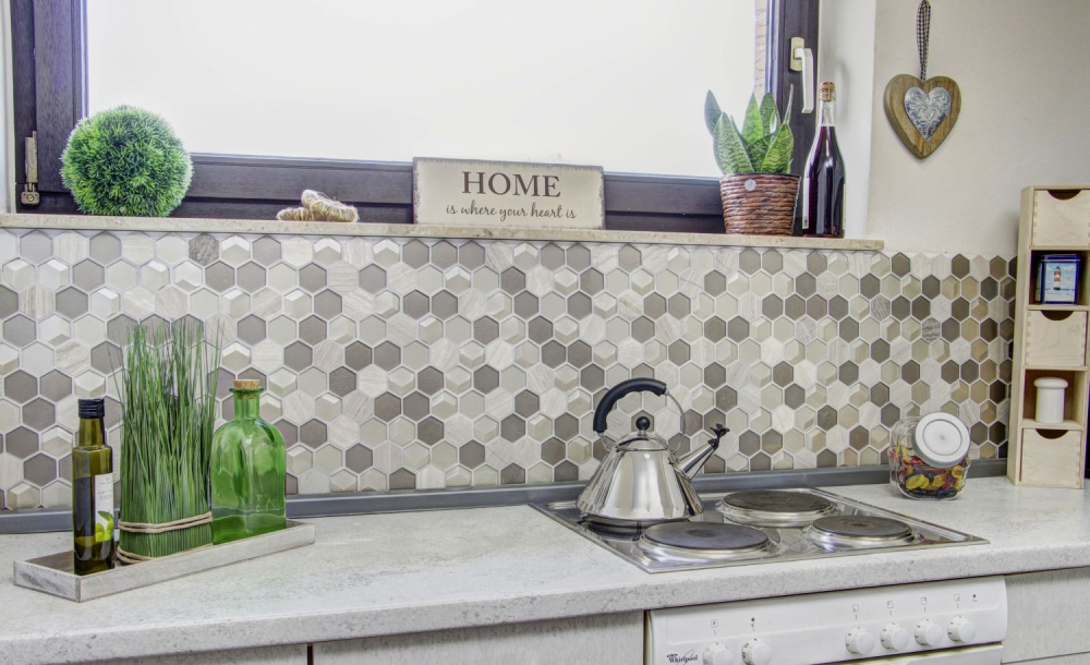 Mosaique Hexagon Mosaique de verre Pierre mix 3D gris clair Mix translucide aspect hexagonal mat