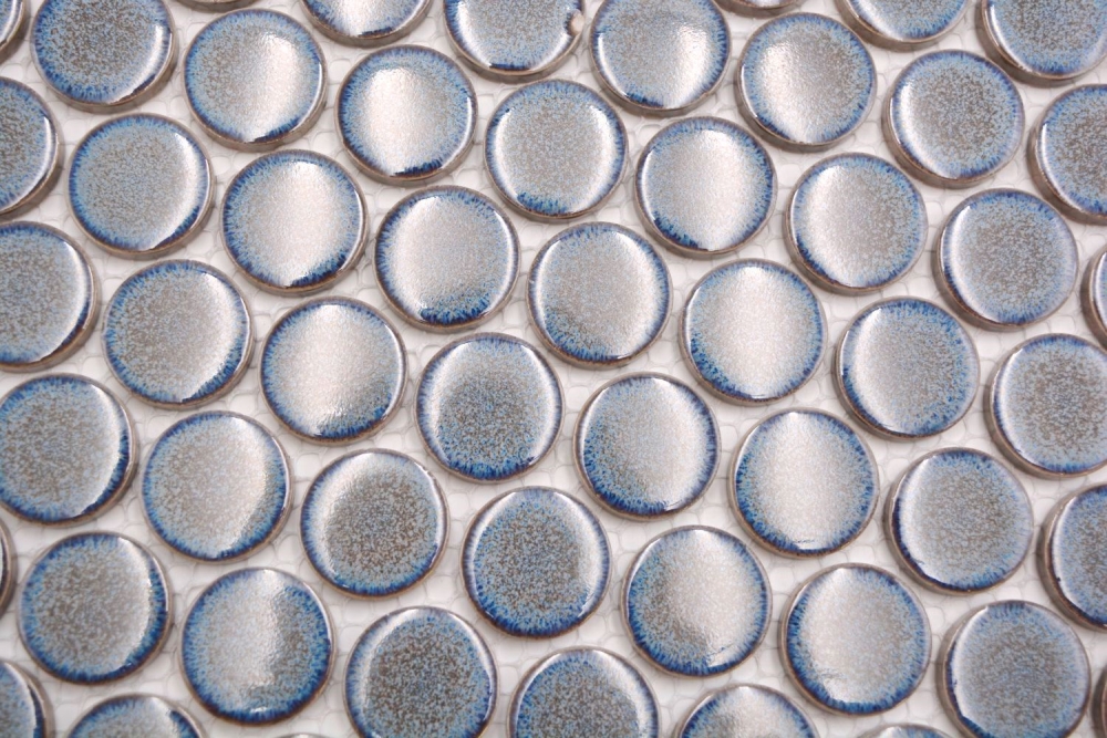 Keramik Mosaikfliese Knopf Loop Penny Rund uni graublau anthrazit glänzend