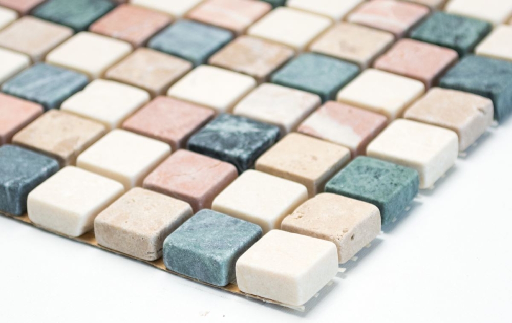 Mosaico cuadrado mezcla aleatoria marmol crema beige rojo verde mate