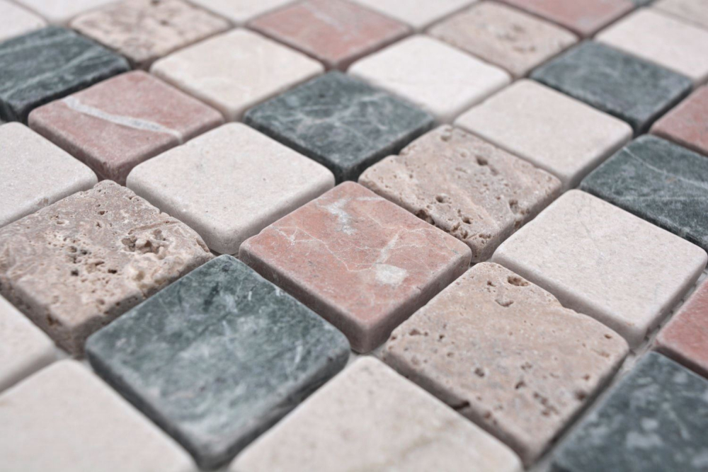 Mosaique Carre mix Random Marbre creme beige rouge vert mat
