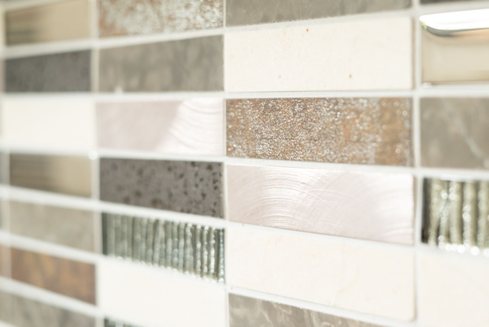 Mosaico Rectangulo Mosaico de vidrio Piedra artificial Alu EP mix beige marron Mix Translucido Composite Aluminio Cross bond look plata negro mate