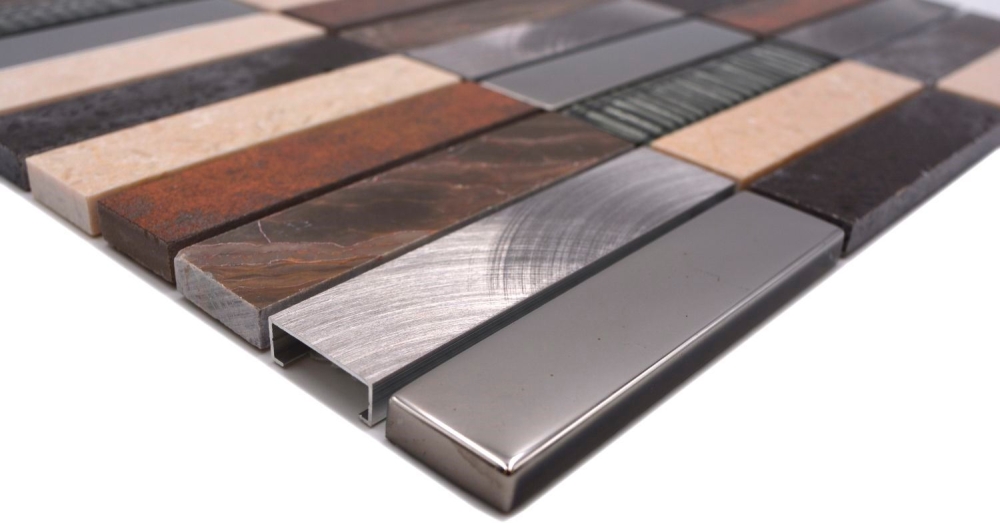 Mosaico Rectangulo Mosaico de vidrio Piedra artificial Alu EP mix beige marron Mix Translucido Composite Aluminio Cross bond look plata negro mate