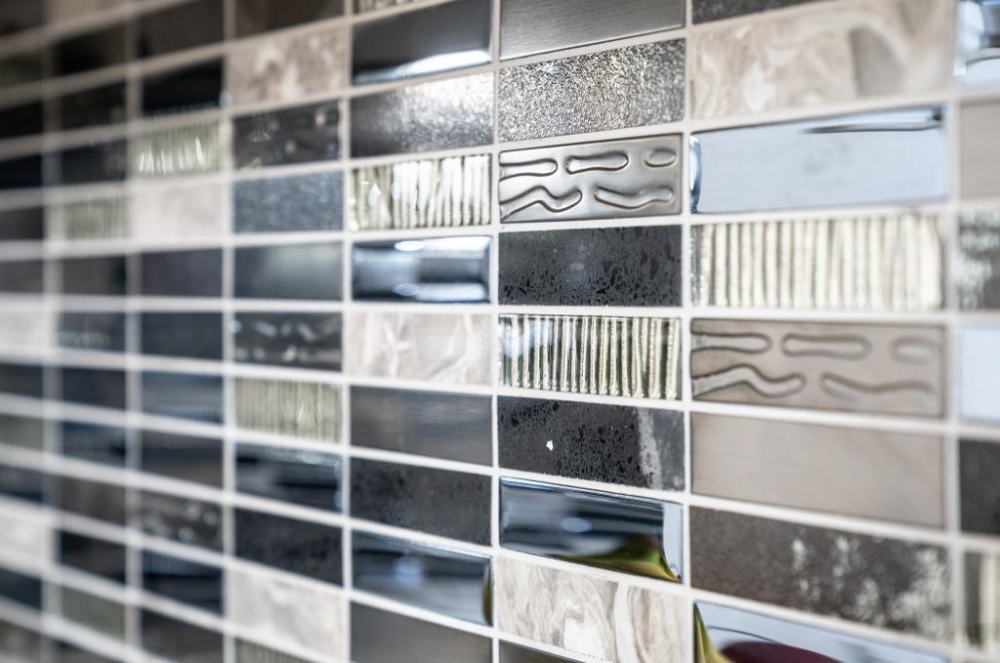 Mosaik Rechteck Glasmosaik Artificial Stein Stahl EP mix schwarz Mix Transluzent Komposit Edelstahl Kreuzverbandoptik silber grau matt