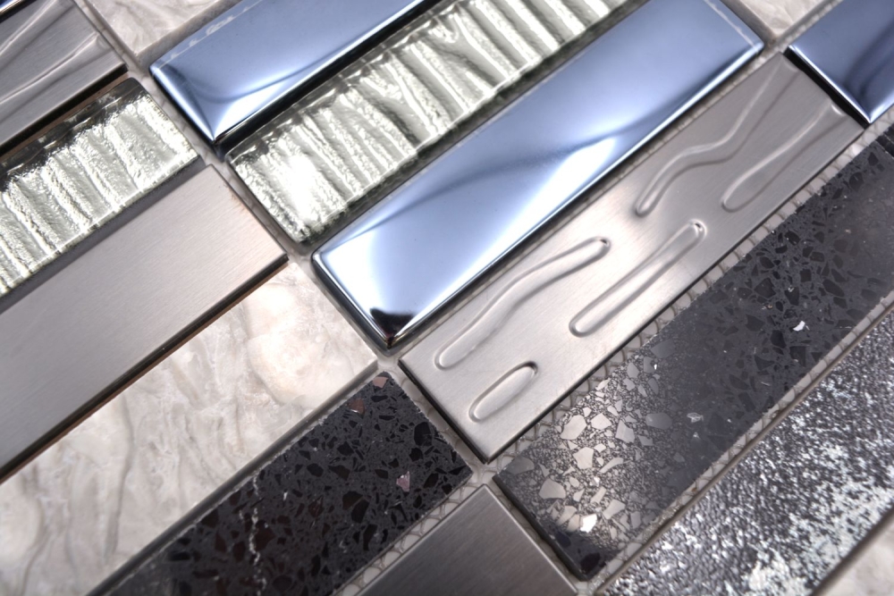 Mosaik Rechteck Glasmosaik Artificial Stein Stahl EP mix schwarz Mix Transluzent Komposit Edelstahl Kreuzverbandoptik silber grau matt
