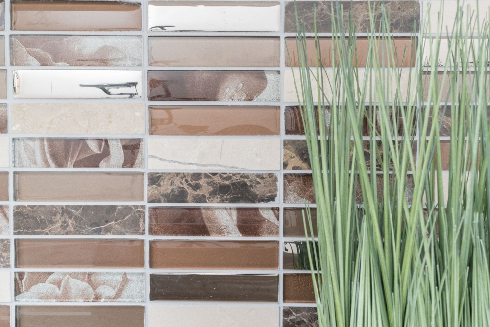 Mosaique rectangle mosaique de verre pierre mix brun mix translucide aspect croise argent brillant