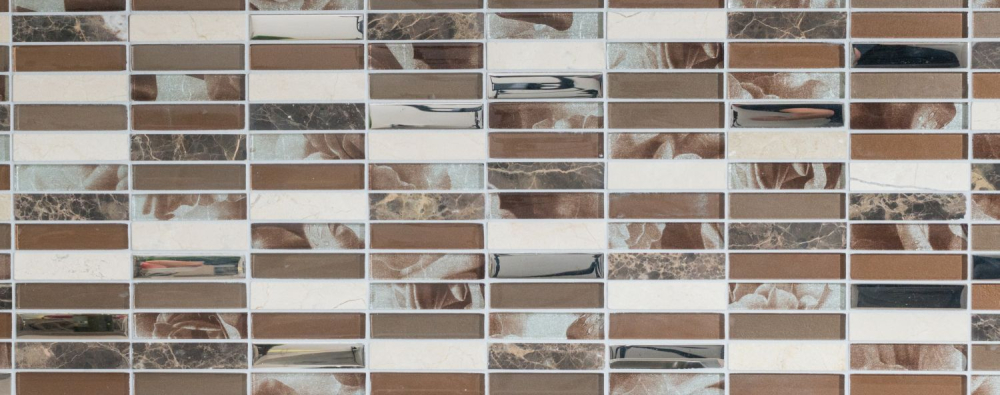 Mosaique rectangle mosaique de verre pierre mix brun mix translucide aspect croise argent brillant