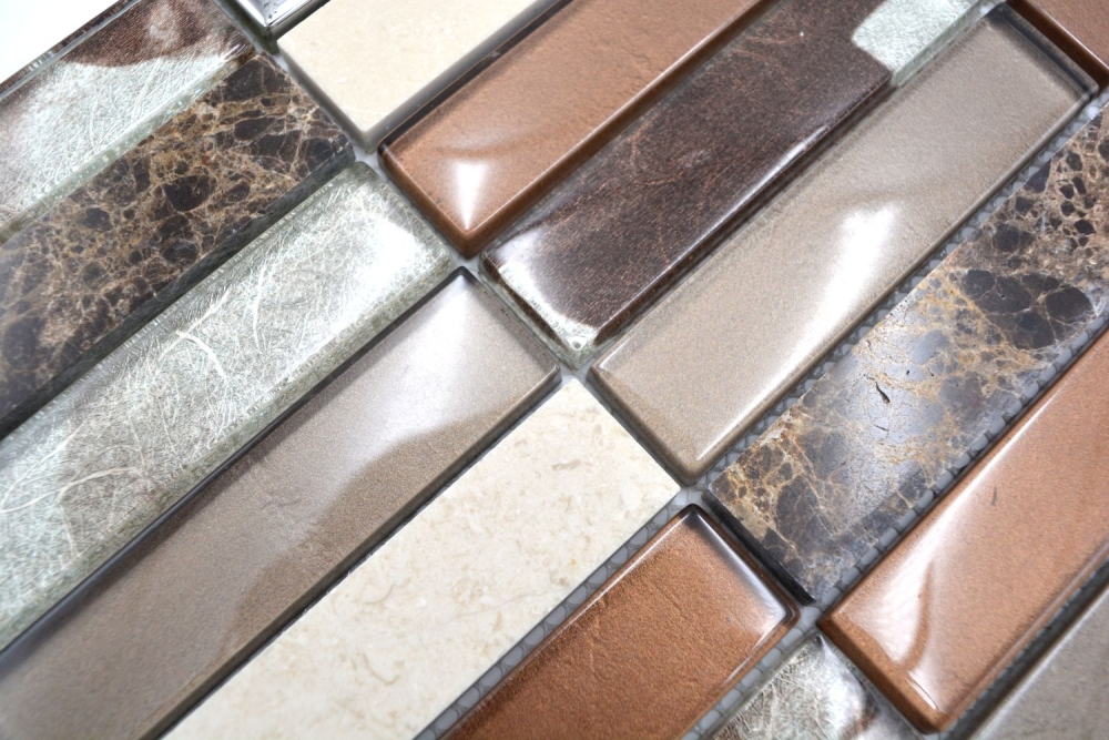 Mosaique rectangle mosaique de verre pierre mix brun mix translucide aspect croise argent brillant