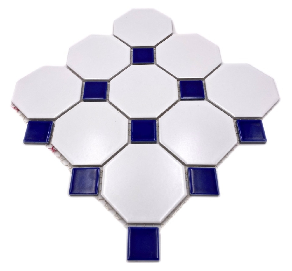 Mosaique Octa blanc mat avec bleu cobalt brillant Ceramique aspect octogone bleu