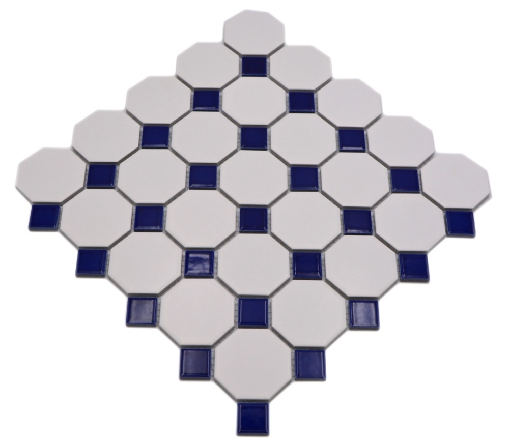 Mosaique octogonale blanc mat avec bleu brillant Ceramique aspect octogone