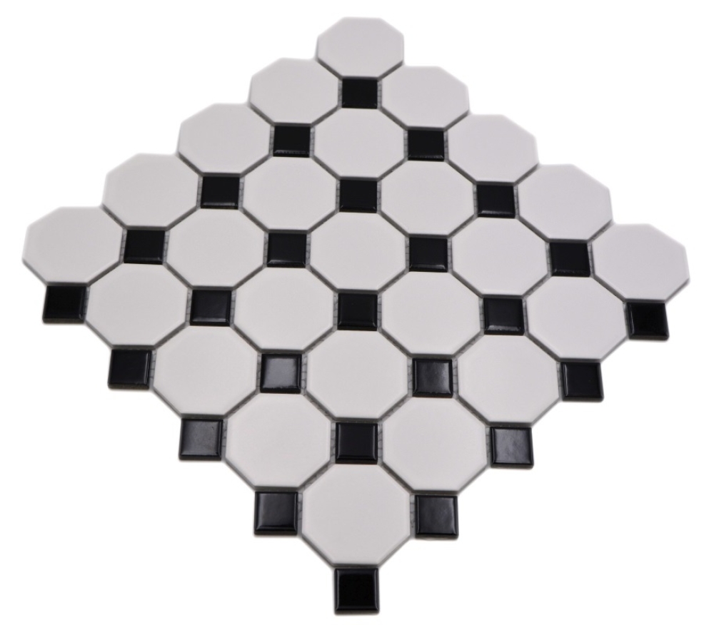 Mosaik Octagon weiß matt mit schwarz glänzend Keramik Octagonoptik