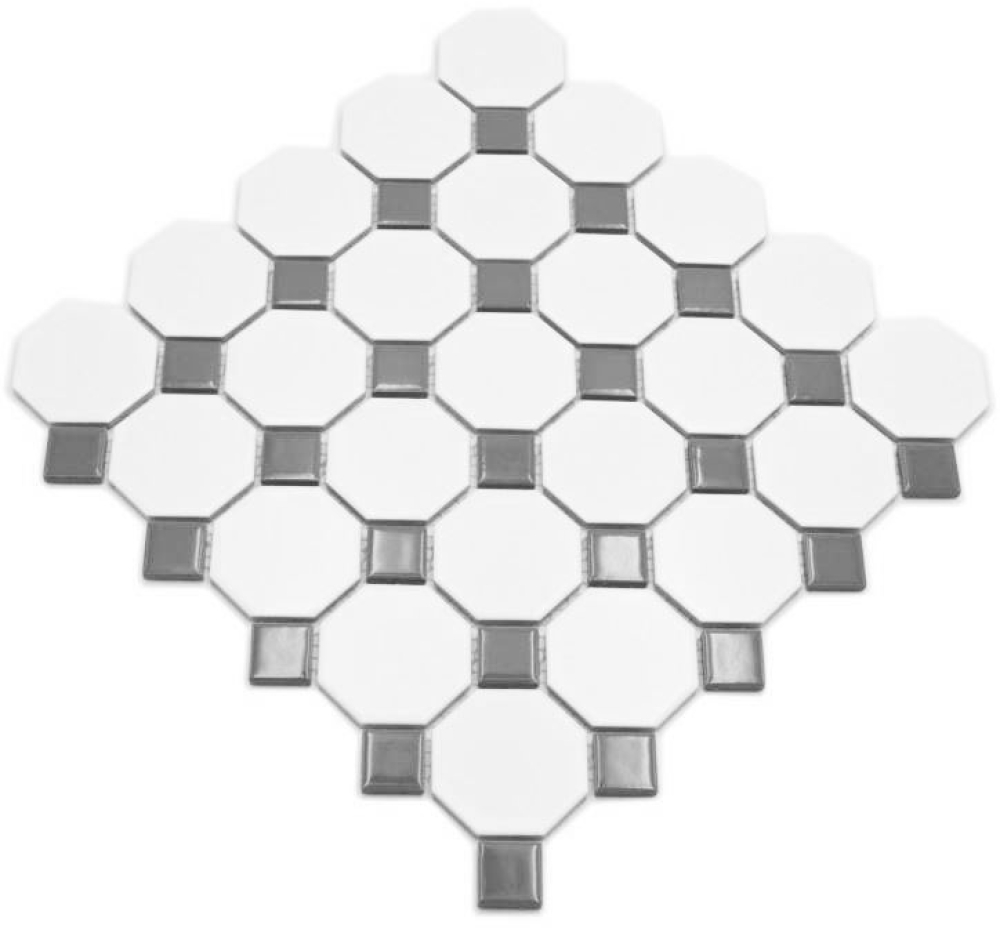Mosaik Octagon weiß matt mit metall glänzend Keramik Octagonoptik metallgrau