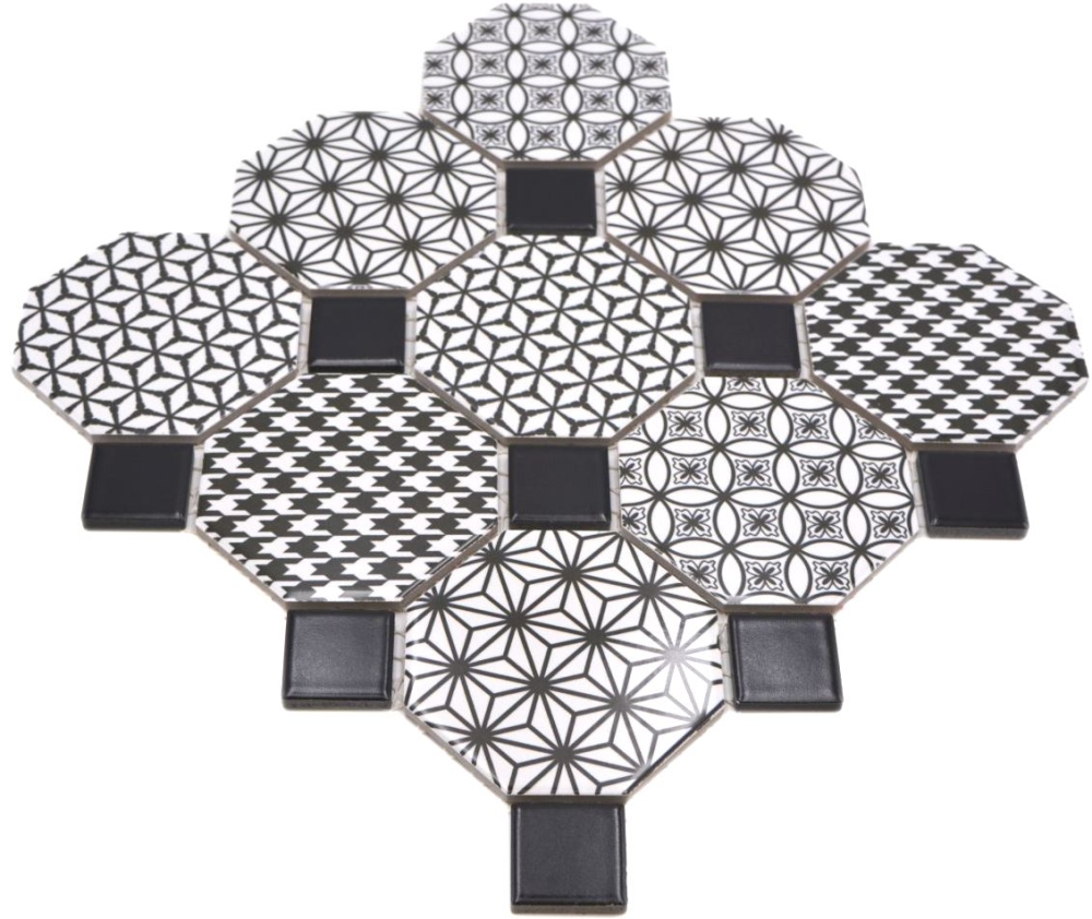 Mosaik Octagon MISTO weiß glänzend mit schwarz Keramik Retrooptik