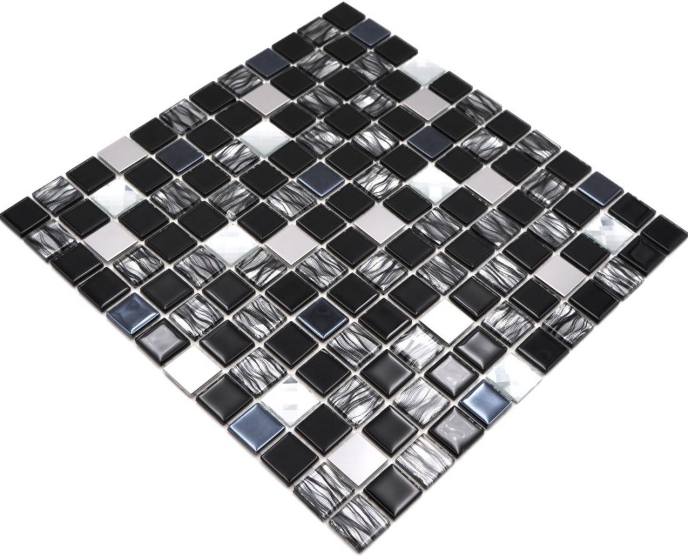 Mosaik Selbstklebend Quadrat Glasmosaik Stahl mix schwarz Glas Mix Transluzent Edelstahl glänzend