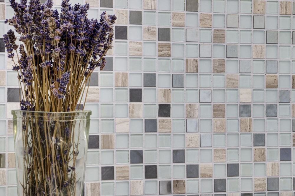 Mosaik Selbstklebend Quadrat Glasmosaik Stein Stahl mix weiß Glas Mix Transluzent Edelstahl glänzend