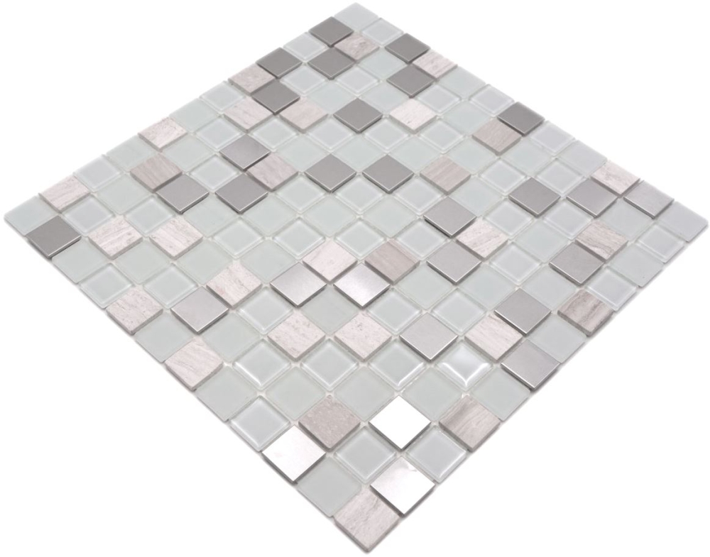Mosaik Selbstklebend Quadrat Glasmosaik Stein Stahl mix weiß Glas Mix Transluzent Edelstahl glänzend