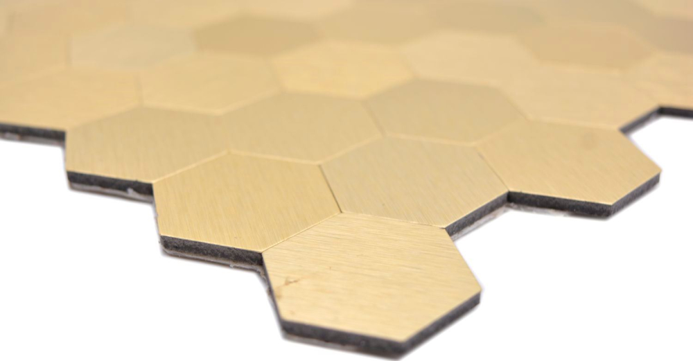 Mosaikfliese Metall / Alu Selbstklebend Hexagonoptik Vinyl Gelbgold Gebürstet Mosaikmatte Fliesenspiegel - 200-4GHX