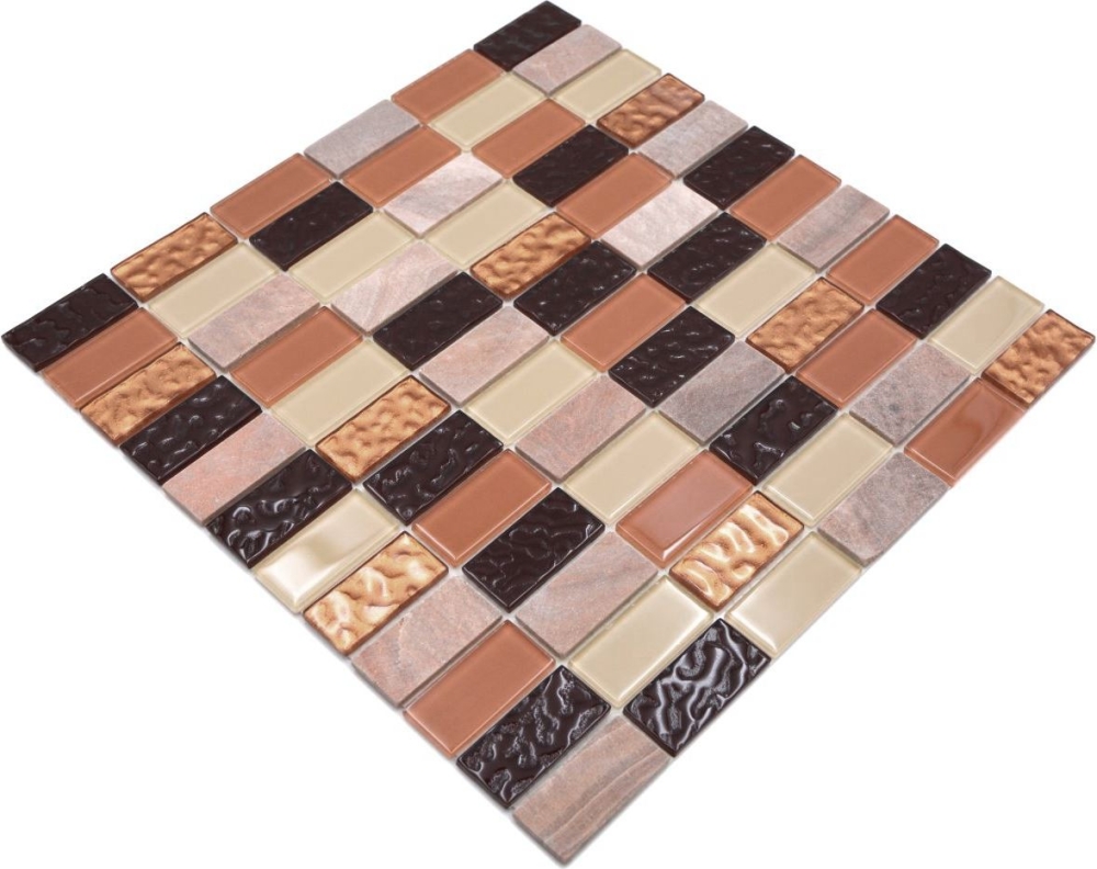 Mosaique autocollante rectangle mosaique de verre pierre mix beige marron mix translucide brillant