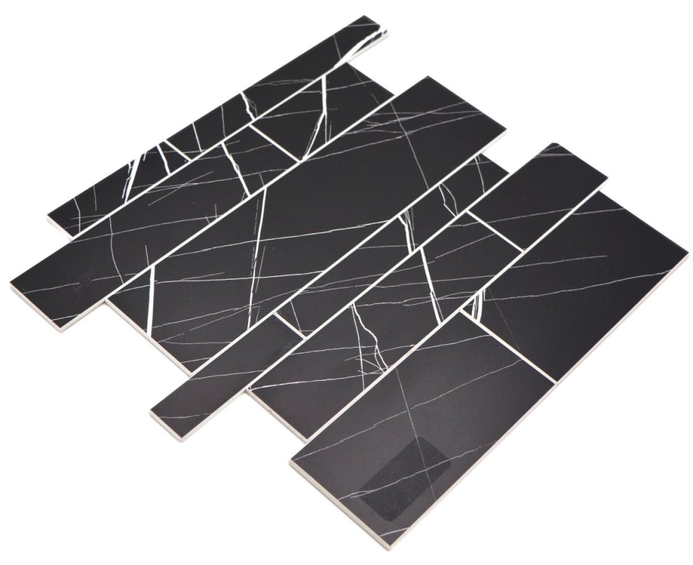 Wandpaneel Selbstklebende Mosaikmatte Vinyl Steinoptik schwarz weiss Carrara Optik Rechteckig