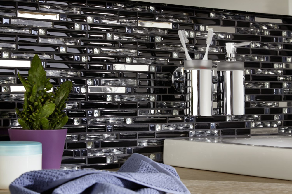 Glasmosaik Stäbchen Riemchen Edelstahl Schwarz Grafit Fliesenspiegel - 86-0302