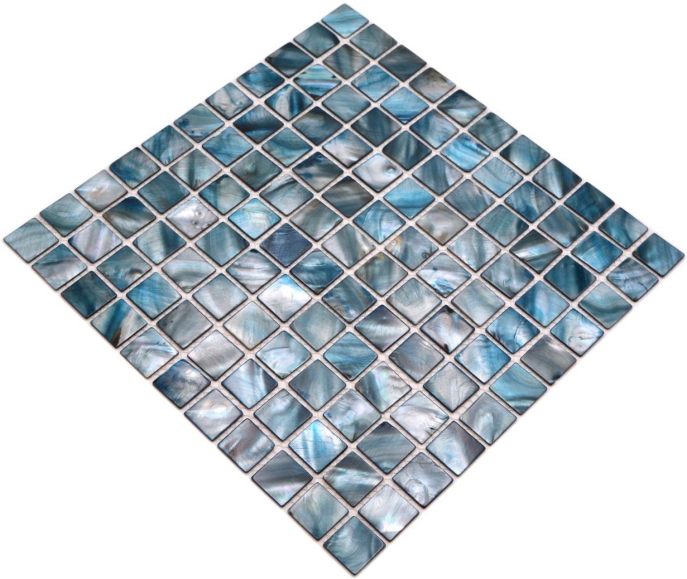 Mosaik Quadrat mix blaugrau Muschel glänzend