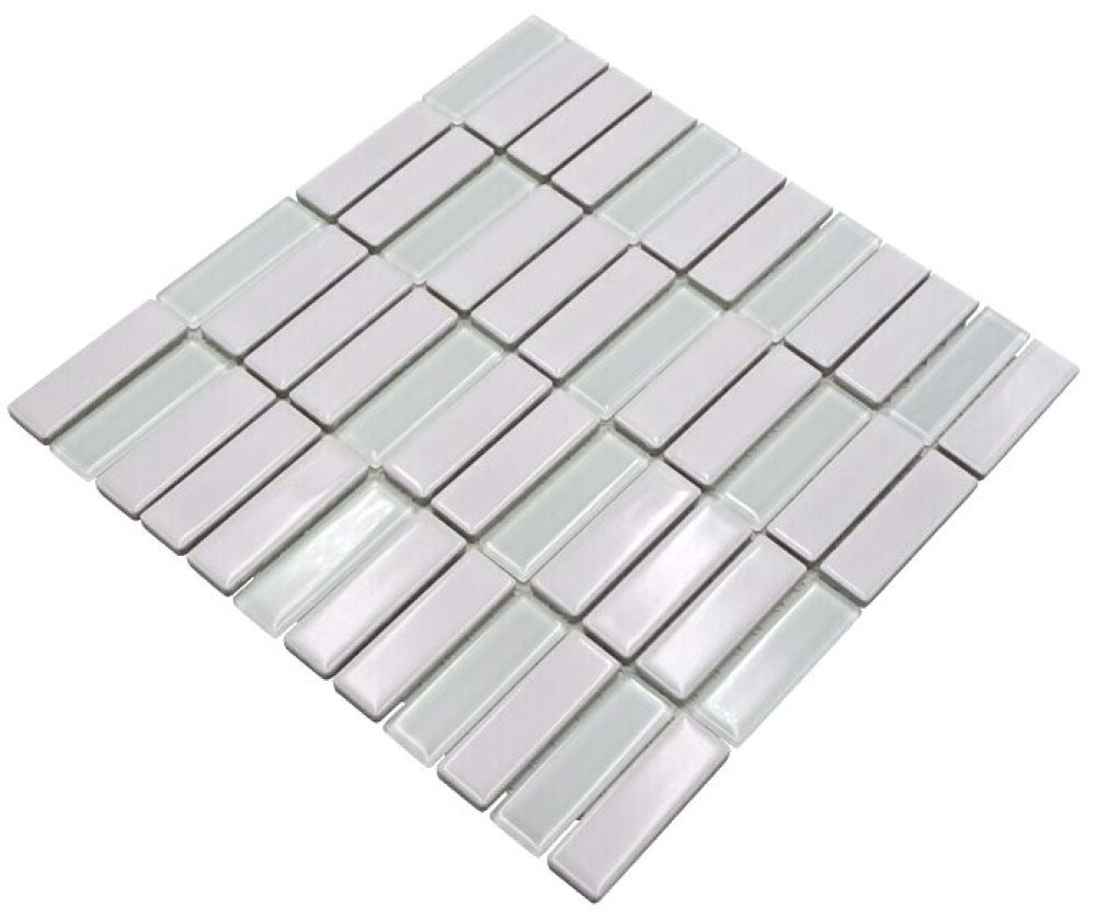 Mosaik Stäbchen mix weiß glänzend mit Glas Keramik Kreuzverbandoptik