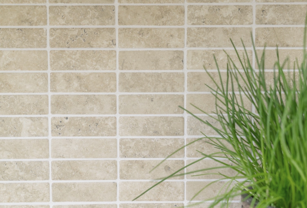 Mosaik Fliese Keramikmosaik Stäbchen beige gelb Travertin Steinoptik 24-STSO67