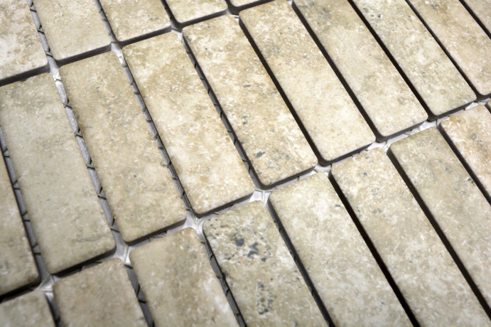 Mosaik Fliese Keramikmosaik Stäbchen beige gelb Travertin Steinoptik 24-STSO67