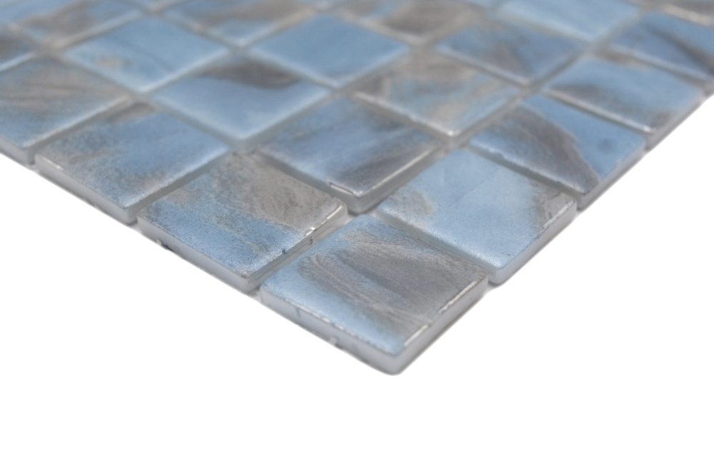Mosaic tile, pool mosaic, swimming pool mosaic, light blue marbled, grey, cream, silver shimmer