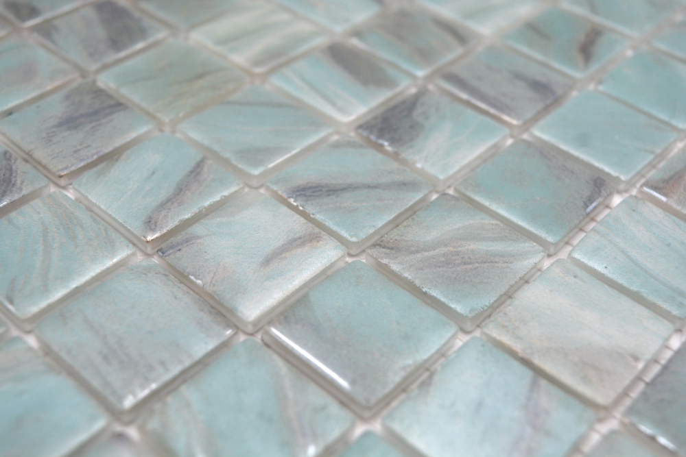 Mosaïque, mosaïque de piscine, turquoise, bleu, gris, crème, reflets argentés