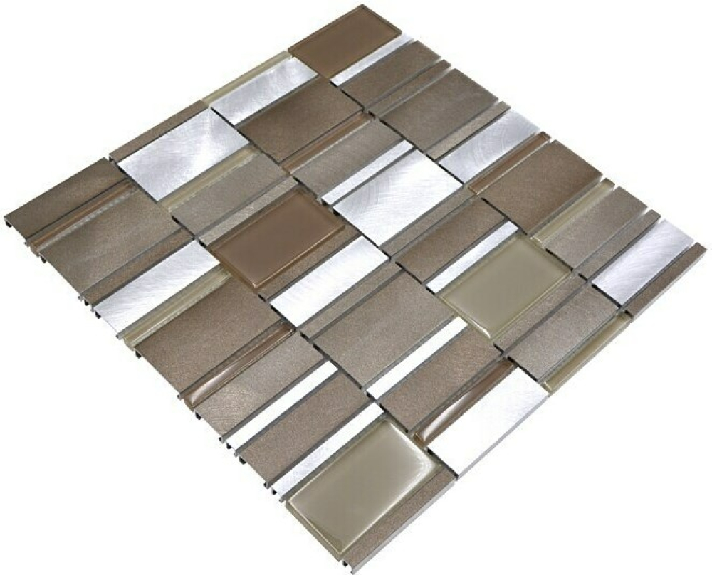 Mosaik Fliese Aluminiummosaik Kombination Glasmosaik Klar Beige Braun Silber Fliesenspiegel - 49-1202