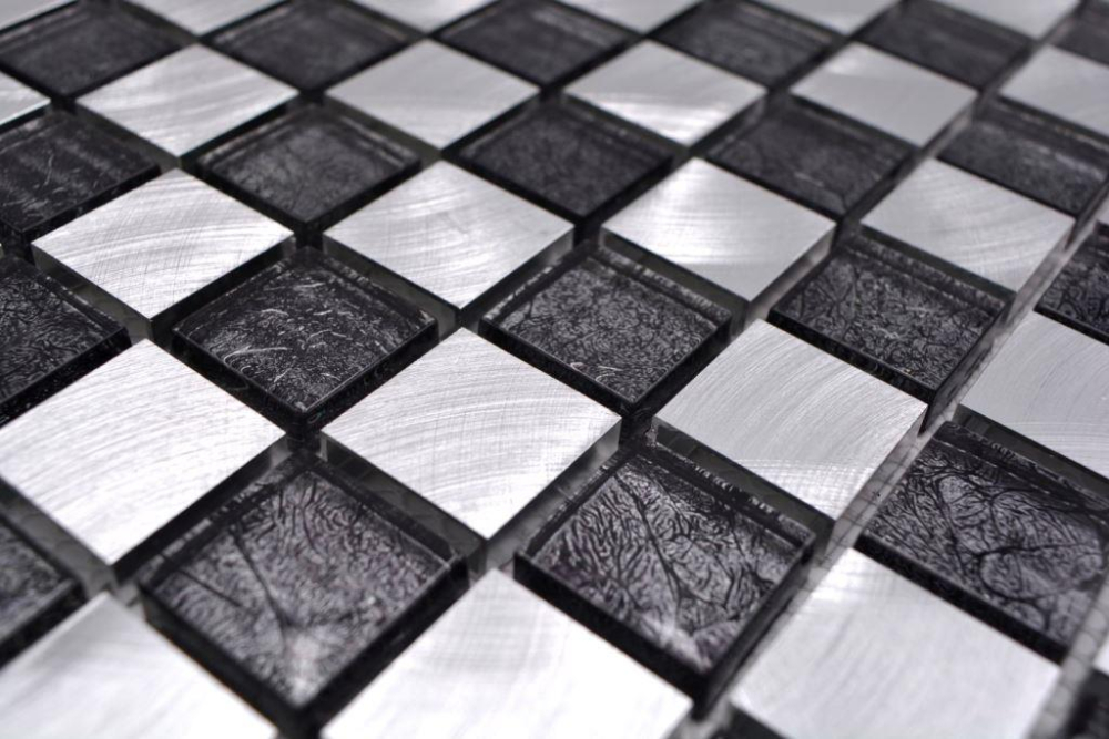 Mosaique damier mix aluminium translucide mix noir argent mat - 10 feuilles de mosaique