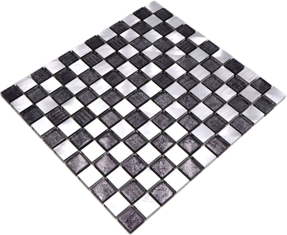 Mosaik Fliese Aluminiummosaik Glasmosaik Schachbrett Schwarz Silber Struktur Wandfliese - 49-0302_8mm
