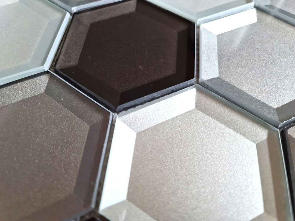 Glasmosaik Mosaikfliese Silber Graphitgrau Hexagon 3D Optik Fliesenspiegel - 88-XB159