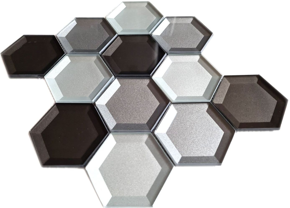 Glasmosaik Mosaikfliese Silber Graphitgrau Hexagon 3D Optik Fliesenspiegel - 88-XB159