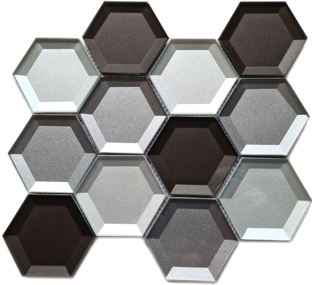 Glasmosaik Mosaikfliese Silber Graphitgrau Hexagon 3D Optik Fliesenspiegel - 88-XB159