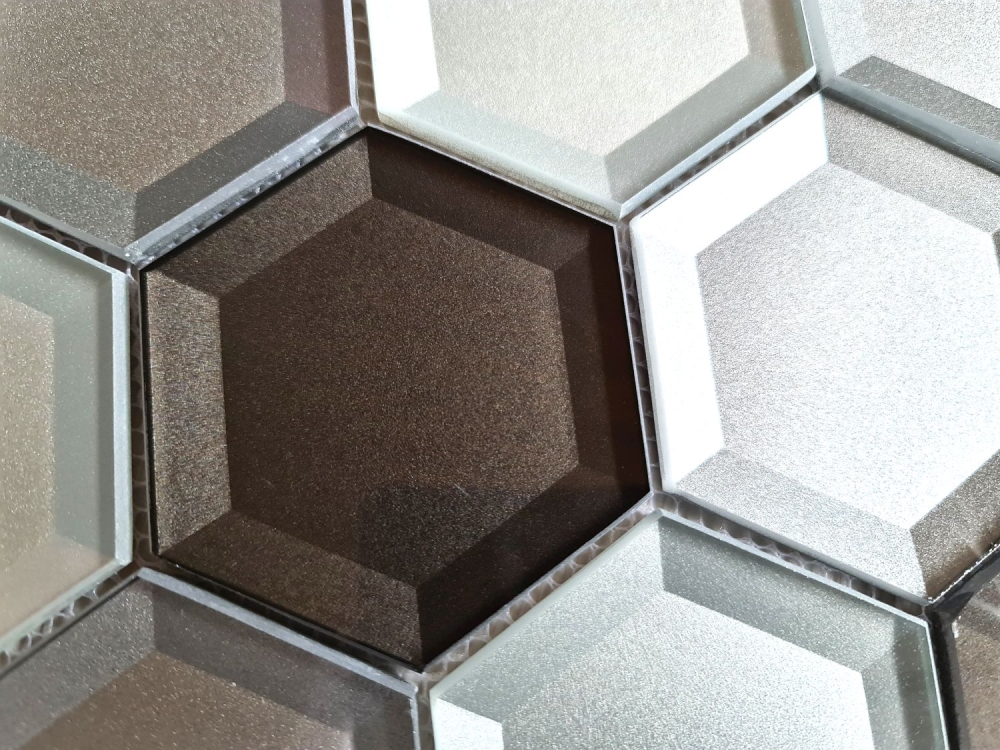 Glasmosaik Mosaikfliese Silber Graphitgrau Hexagon 3D Optik Fliesenspiegel - 88-XB159